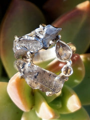 Garden Beauty Ring 12 with Meteorite, Herkimer Quartz Crystal & Smoky Topaz