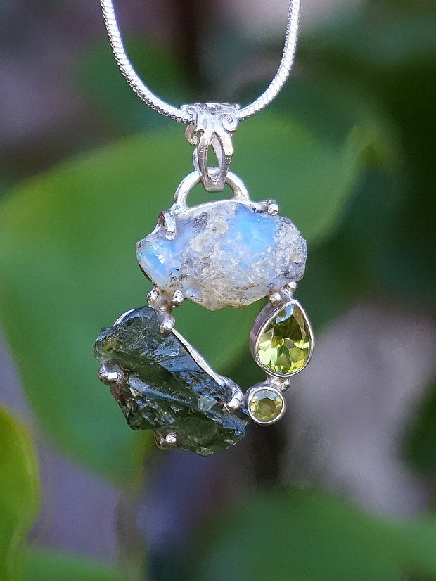 Garden Beauty Pendant 3 with Ethiopian Opal, Czech Moldavite and Peridot