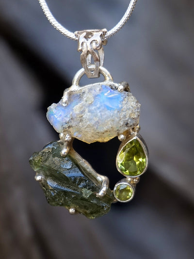 Garden Beauty Pendant 3 with Ethiopian Opal, Czech Moldavite and Peridot