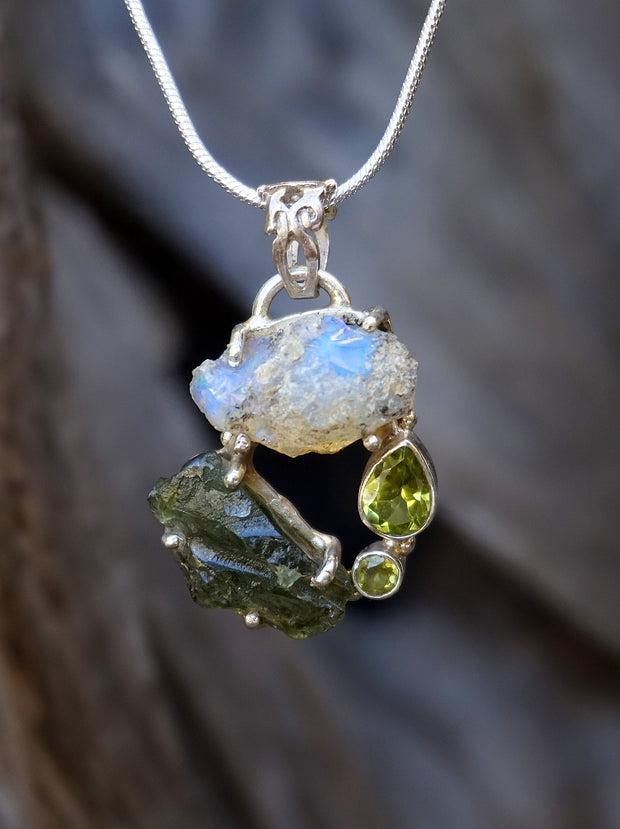 Garden Beauty Pendant 3 with Ethiopian Opal, Czech Moldavite and Peridot