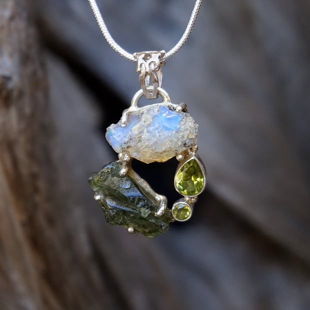 Garden Beauty Pendant 3 with Ethiopian Opal, Czech Moldavite and Peridot