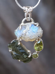 Garden Beauty Pendant 3 with Ethiopian Opal, Czech Moldavite and Peridot