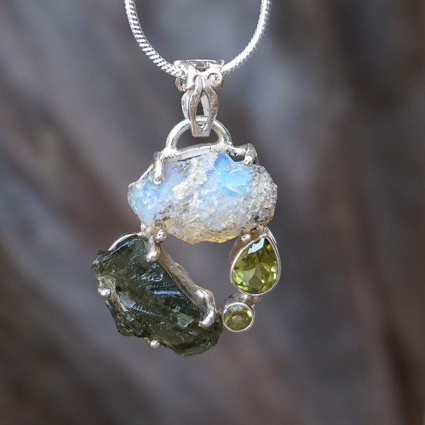 Garden Beauty Pendant 3 with Ethiopian Opal, Czech Moldavite and Peridot