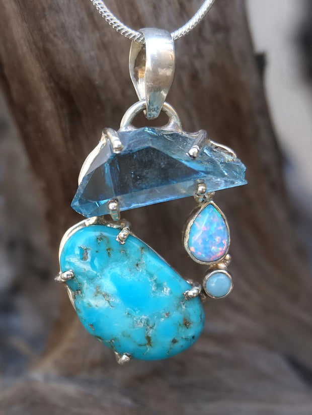 Garden Beauty Pendant 6 with Aqua Aura, Turquoise and Fire Opal