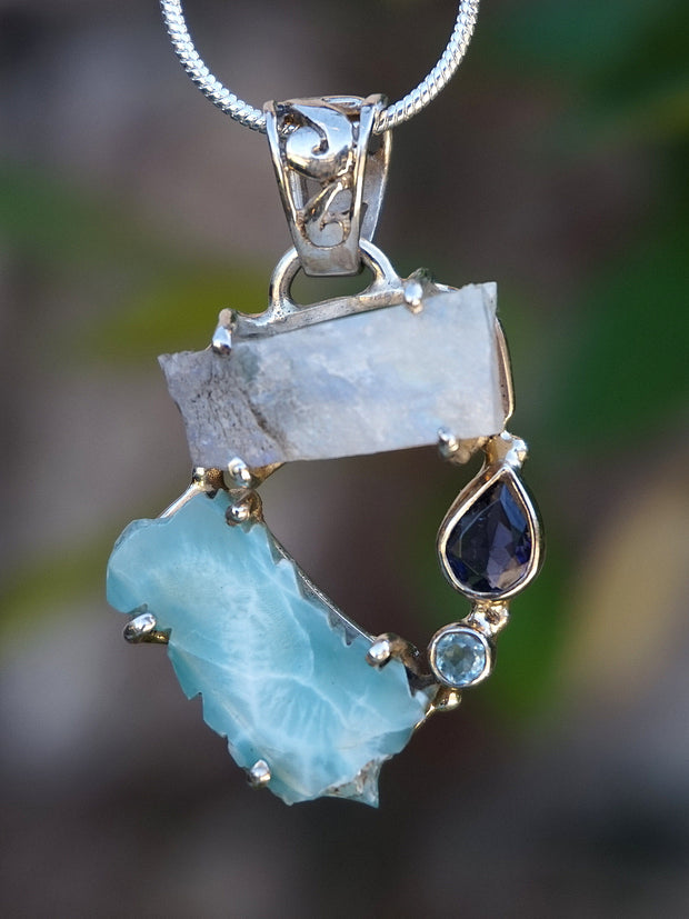 Garden Beauty Pendant 5 with Larimar, Moonstone, Tanzanite and Blue Topaz