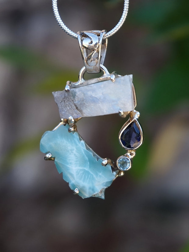 Garden Beauty Pendant 5 with Larimar, Moonstone, Tanzanite and Blue Topaz