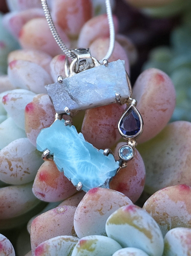 Garden Beauty Pendant 5 with Larimar, Moonstone, Tanzanite and Blue Topaz