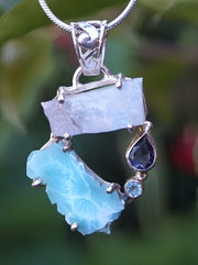 Garden Beauty Pendant 5 with Larimar, Moonstone, Tanzanite and Blue Topaz