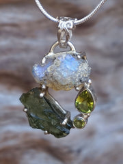 Garden Beauty Pendant 3 with Ethiopian Opal, Czech Moldavite and Peridot