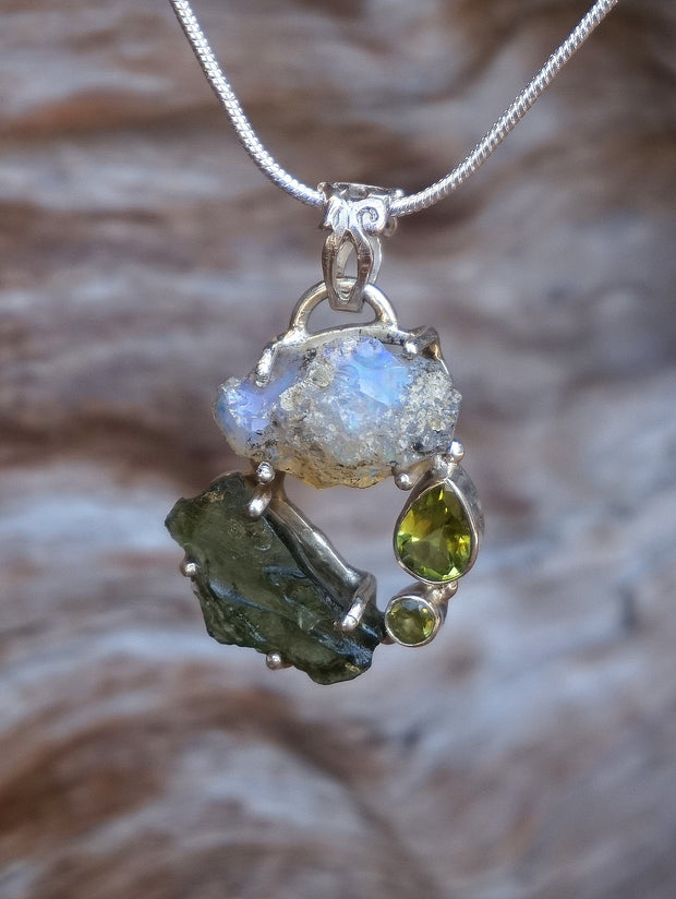 Garden Beauty Pendant 3 with Ethiopian Opal, Czech Moldavite and Peridot