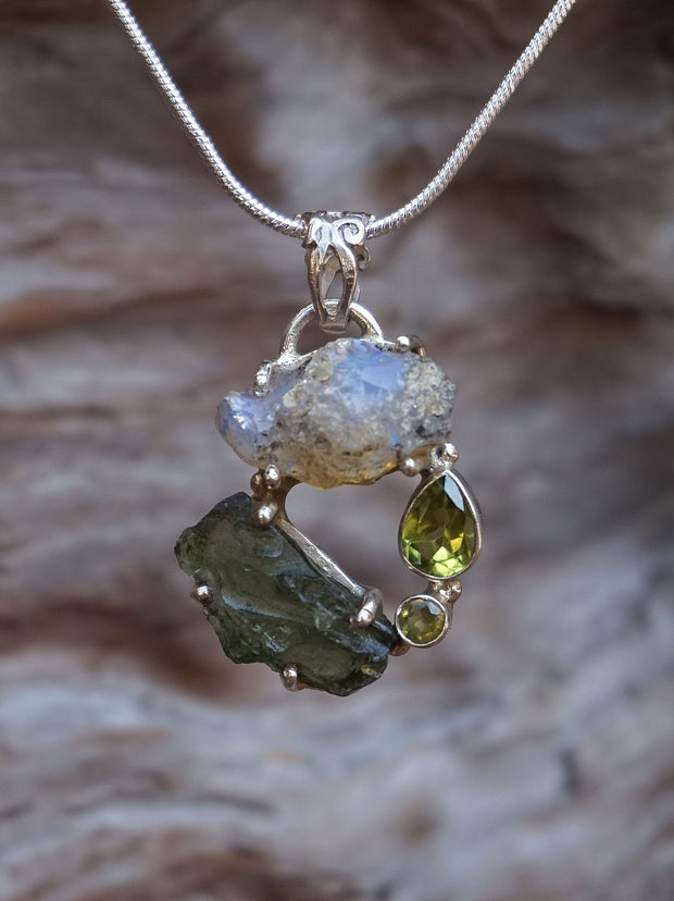 Garden Beauty Pendant 3 with Ethiopian Opal, Czech Moldavite and Peridot