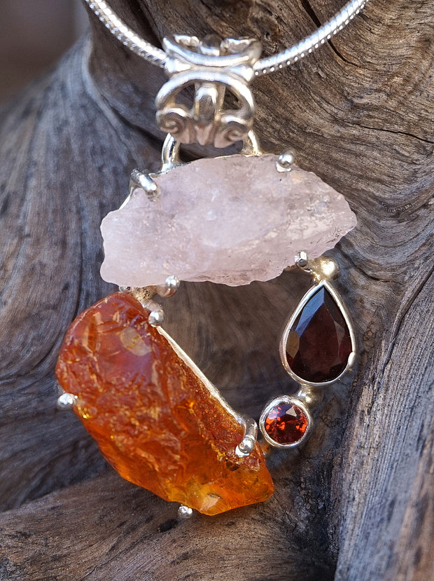 Garden Beauty Pendant 2 with Amber, Rose Quartz and Garnets