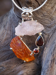 Garden Beauty Pendant 2 with Amber, Rose Quartz and Garnets