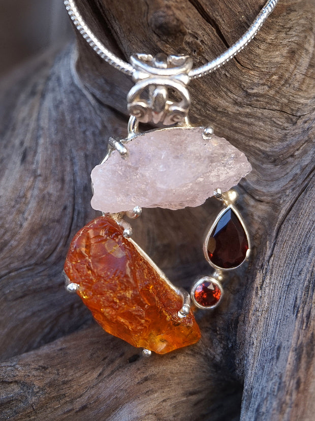 Garden Beauty Pendant 2 with Amber, Rose Quartz and Garnets