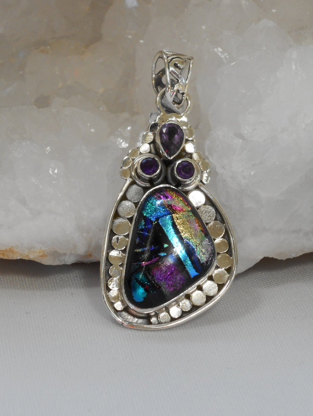 Dichroic Glass Pendant 2 with Amethyst Quartz