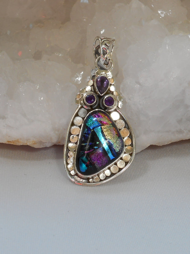 Dichroic Glass Pendant 2 with Amethyst Quartz