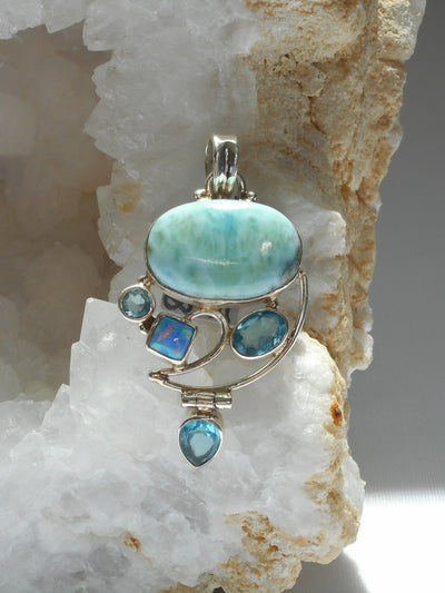 Larimar Pendant 12 with Blue Topaz and Fire Opal