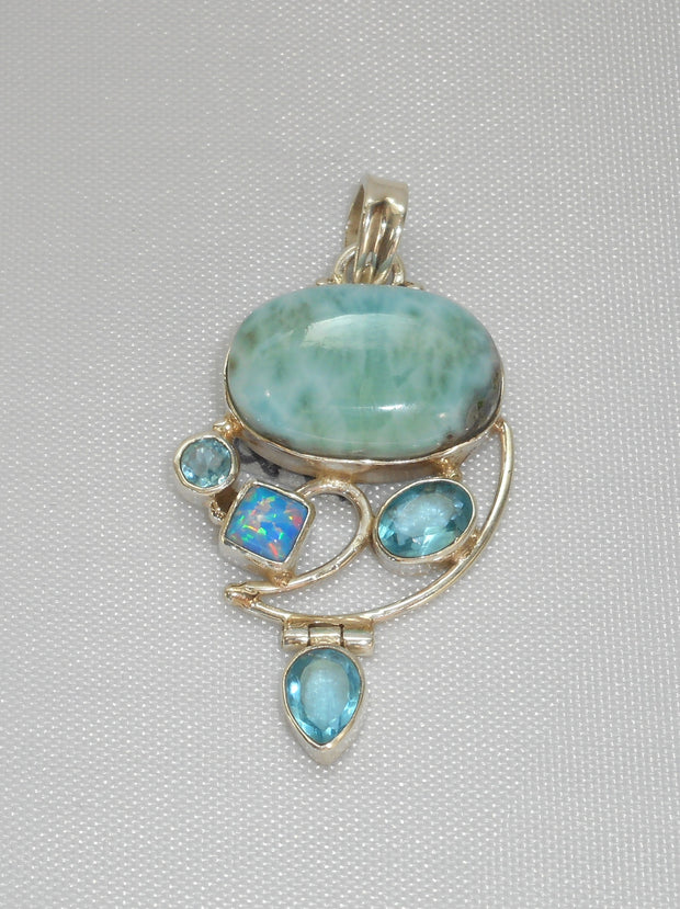 Larimar Pendant 12 with Blue Topaz and Fire Opal
