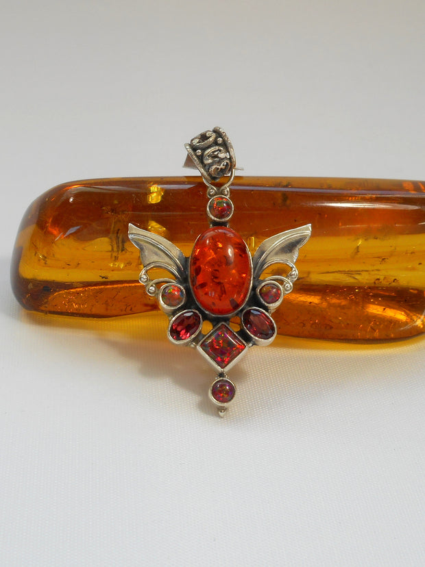 Angel Sterling and Amber Pendant 1 with Fire Opals and Garnet