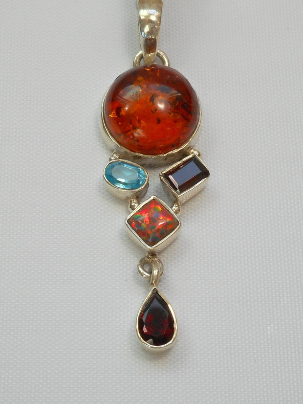 Amber Pendant 8 with Topaz, Garnets and Opal