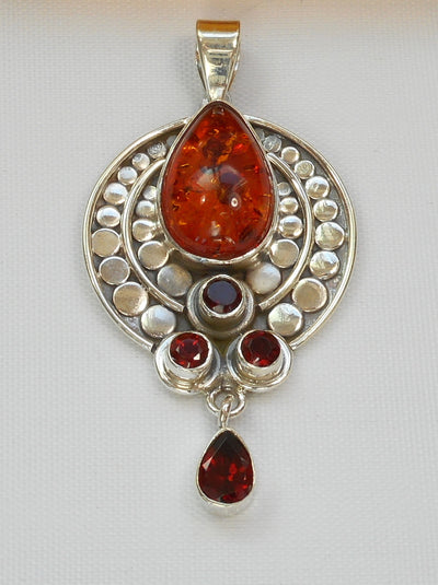 Amber and Sterling AJC Signature Pendant with Garnets