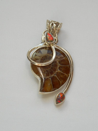 Ammonite Fossil Pendant 1 with Fire Opal