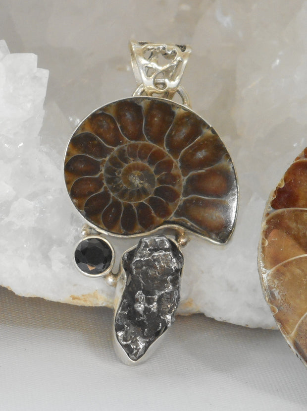 Ammonite Fossil Pendant 4 with Meteorite and Onyx