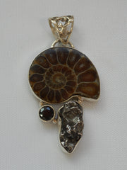 Ammonite Fossil Pendant 4 with Meteorite and Onyx
