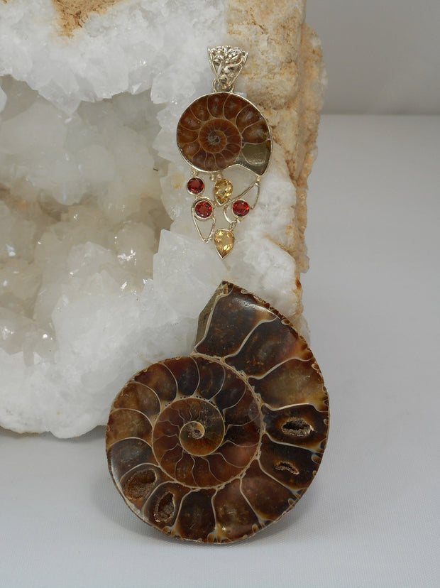 Ammonite Fossil Pendant 7 with Garnet and Citrine Quartz