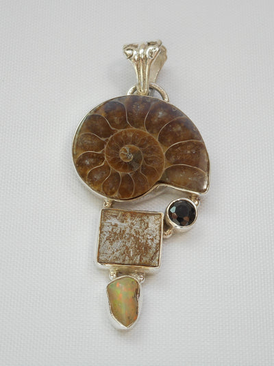 Ammonite Fossil Pendant 5 with Meteorite, Opal and Onyx