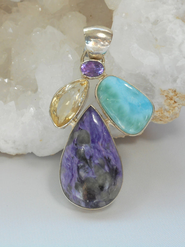 Larimar Pendant with Amethyst, Citrine Quartz, and Charoite