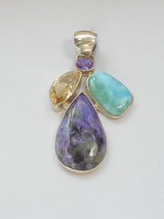 Larimar Pendant with Amethyst, Citrine Quartz, and Charoite