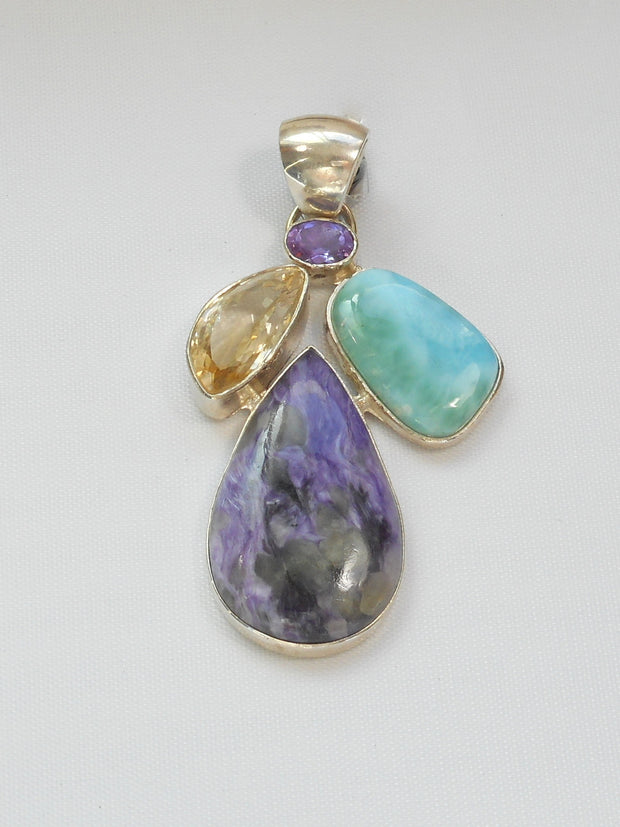 Larimar Pendant with Amethyst, Citrine Quartz, and Charoite