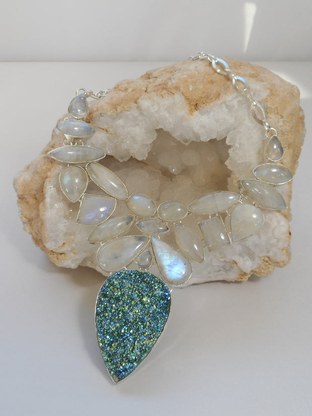 Moonstone and Titanium Druzy Gemstones Necklace 2