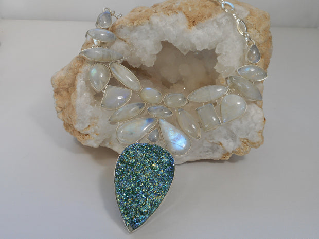 Moonstone and Titanium Druzy Gemstones Necklace 2