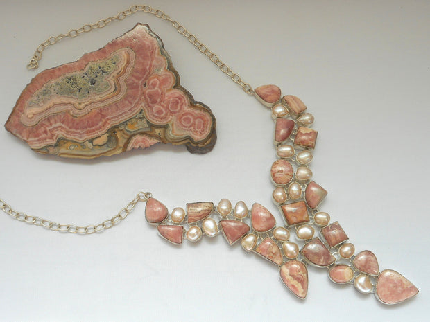 Rhodachrosite Assymetric Necklace with Pearls