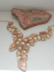 Rhodachrosite Assymetric Necklace with Pearls