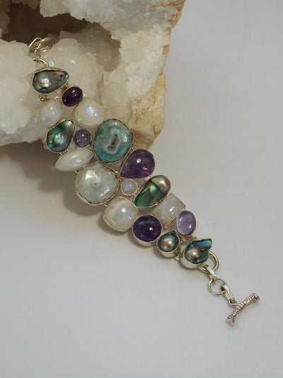 Moonstone Bracelet with Amethyst, Pearls, and Solar Quartz