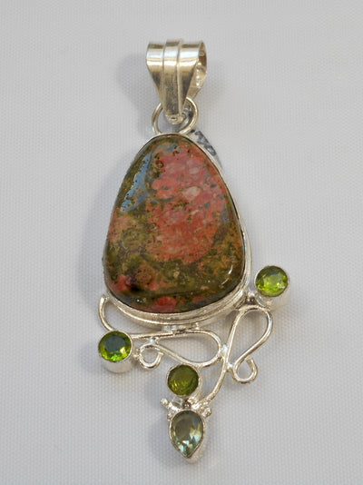 Unakite Pendant 7 with Peridot and Amethyst Quartz