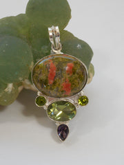 Unakite Pendant 3 with Peridot and Amethyst Quartz