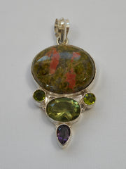 Unakite Pendant 3 with Peridot and Amethyst Quartz