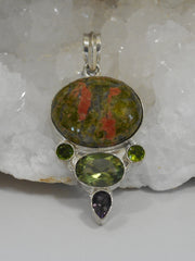 Unakite Pendant 3 with Peridot and Amethyst Quartz