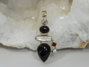 Black Onyx Pendant 3 with Garnet and Pearls