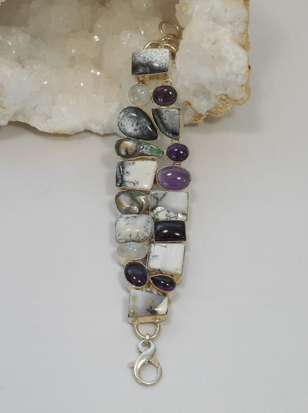 Dendritic Opal Bracelet 3 with Amethyst Quartz, Moonstone and Pearls