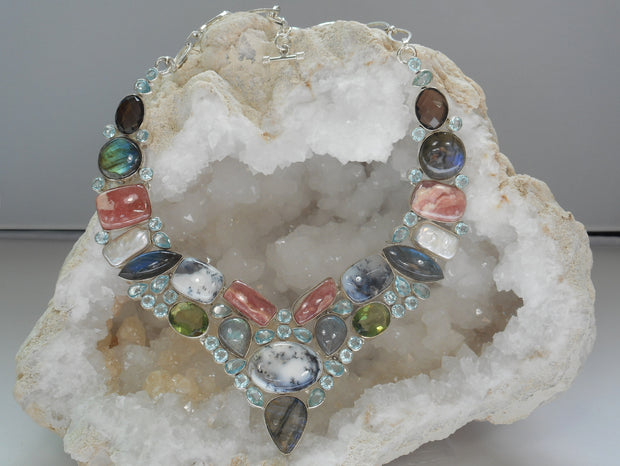 *Labradorite and Blue Topaz Necklace with Dendritic Opal and Quartz
