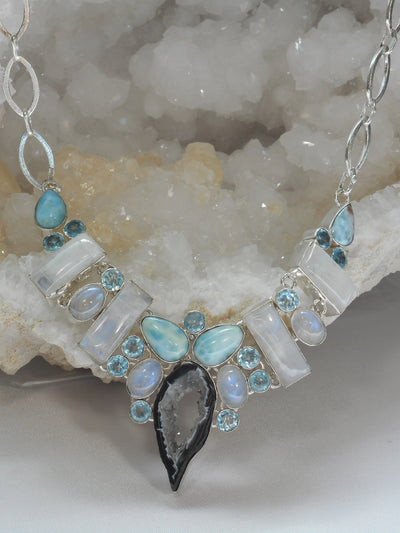 Moonstone and Blue Topaz Necklace with Larimar and CoCo Geode