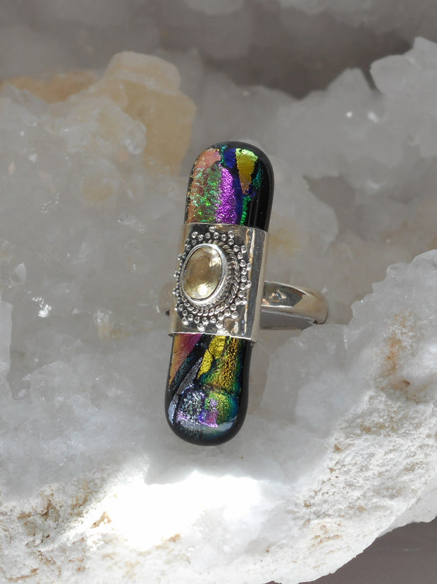 Dichroic Glass and Citrine Quartz Sterling Ring 1