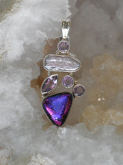 Dichroic Glass Pendant 10 with Amethyst Quartz and Pearl