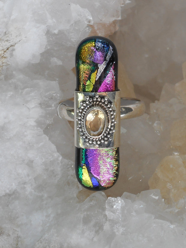 Dichroic Glass and Citrine Quartz Sterling Ring 1