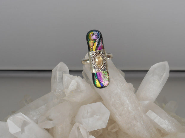 Dichroic Glass and Citrine Quartz Sterling Ring 1